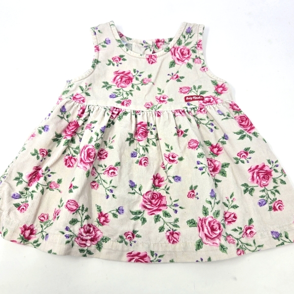 VINTAGE BABY B'GOSH PINK ROSES FLORAL CREAM CORDUROY SLEEVELESS DRESS 18 MONTHS - Picture 1 of 11